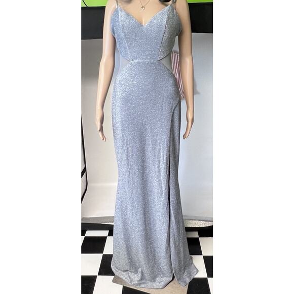 Light Blue Sparkle Prom Dress Formal Sz 10 V-neck Side Slit Maxi 90s Y2K Style - Picture 11 of 14